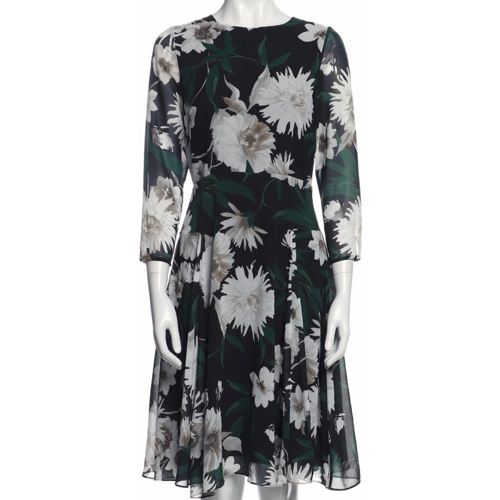 Hobbs London Floral Green, White and Black Midi Dress